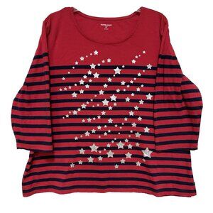 Allison Daley Womens Plus SZ 1X or 2X Top 3/4 Sleeves Red Navy Stars Knit Shirt